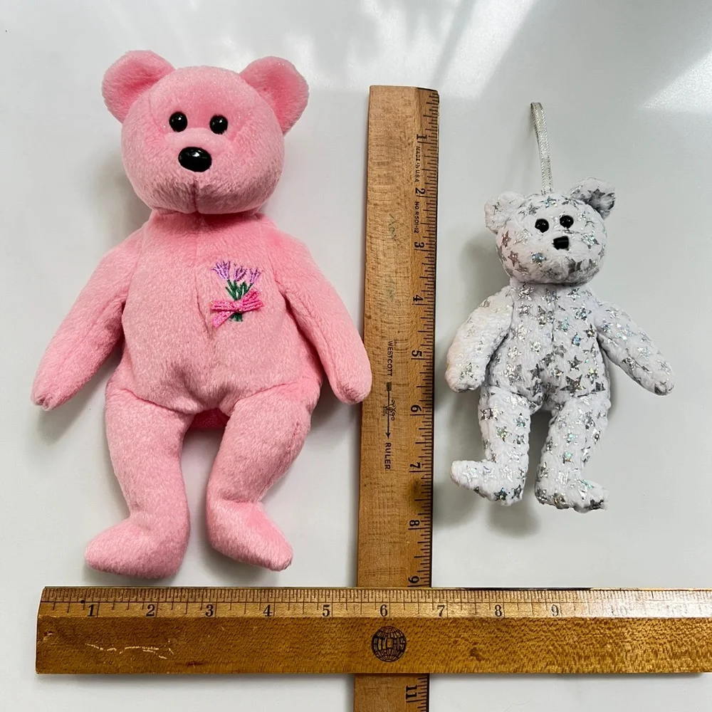 TY Beanie Mum pink bear 2001 and bell silver white Beginning baby 2000 set of 2